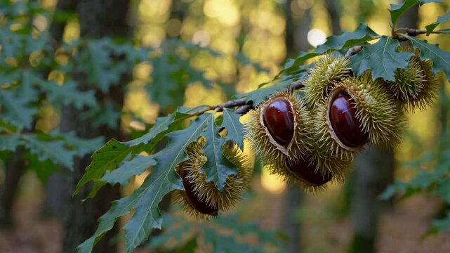 Beechnuts Hanging on a Branch in a Forest Background  