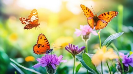 Three vibrant butterflies flitting amidst a sunlit meadow of wildflowers, showcasing the beauty of nature's delicate ecosystem.