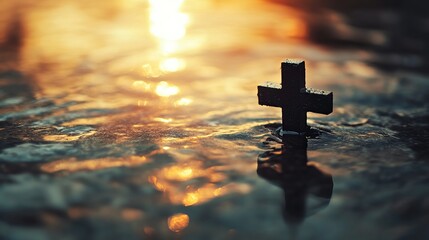 Christian cross silhouette against a bright sunset sky over water for faith and religion concept