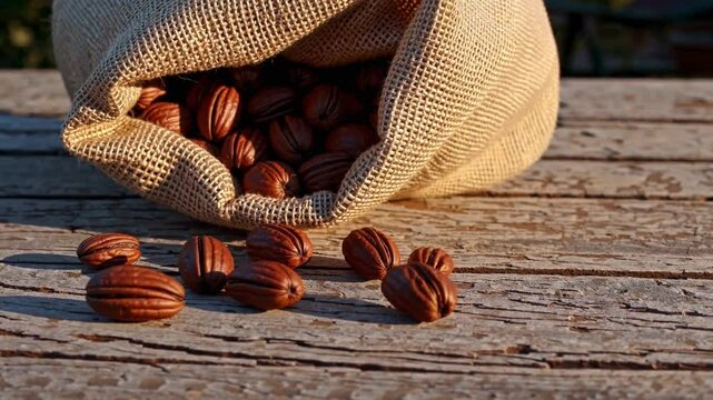 Rustic Pecan Nuts Spilled from Burlap Bag on Wooden Table  