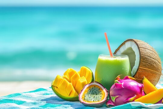 Tropical beach scene with fresh fruit and smoothie by the ocean