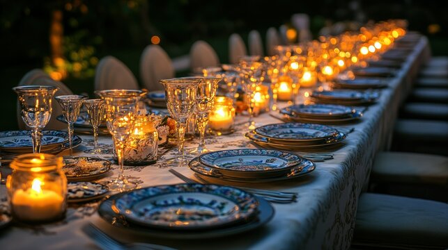 Elegant outdoor table setting with plates, glasses, candles and chairs.
