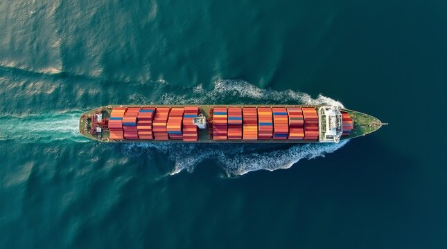 Um navia de carga, com  containers em alto-mar,  visto de cima  