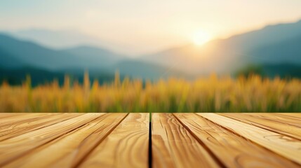 Simple wood table with peaceful nature view for product display or digital mockups.