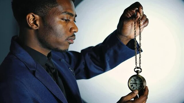 Frames A close-up shot of a hypnotist holding a vintage gold pocket watch on a chain,  a-2, 23219103