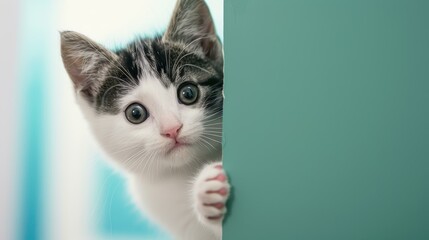 Adorable kitten peeks from behind a wall, perfect for your next advertising campaign or promotional material