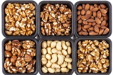A group of nuts featuring almonds, walnuts, and pecans, isolated on a clear background