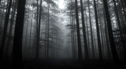 Ethereal forest landscape with rising mist creating a mystical atmosphere