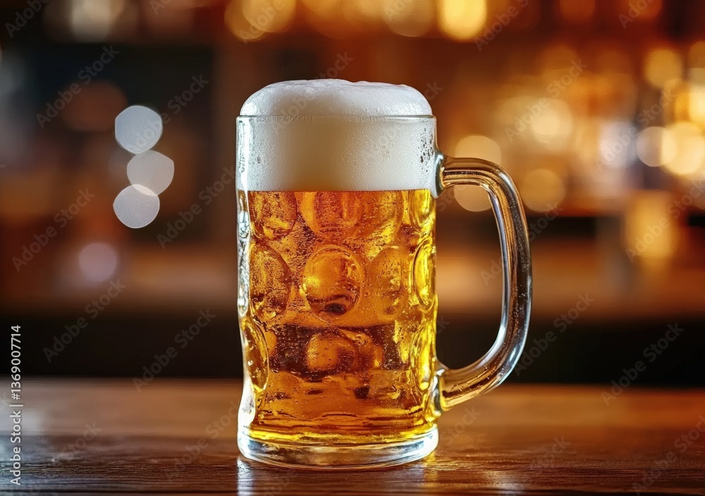 Poster Refreshing mug of beer resting on bar counter with blurred background