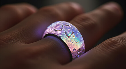 Futuristic mood ring with iridescent color shifts and liquid crystal droplets