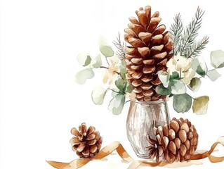 A vintage illustration showcasing a nostalgic mercury glass vase, overflowing with frosted pinecones, eucalyptus, and silver ribbons, set against a white background