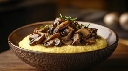 Fototapeta premium A designer ceramic bowl filled with creamy polenta topped with saut?(C)ed mushrooms, placed on a wooden table with a blurred dark background.