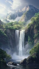 Fototapeta premium Waterfall in the forest, sunlight filtering through the trees, mist rising from the water, a majestic waterfall, phone wallpaper