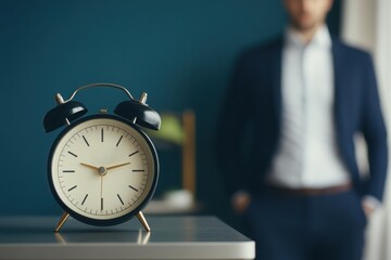 A vintage alarm clock sits prominently on a table, with a blurred figure of a man in a suit in the background, hinting at themes of time and urgency.