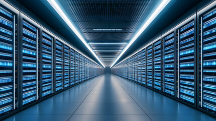 Fototapeta premium Modern Server Room Interior With Blue Lighting