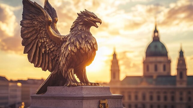 Bronze turul bird statue budapest hungary with parliament building at sunset travel photography