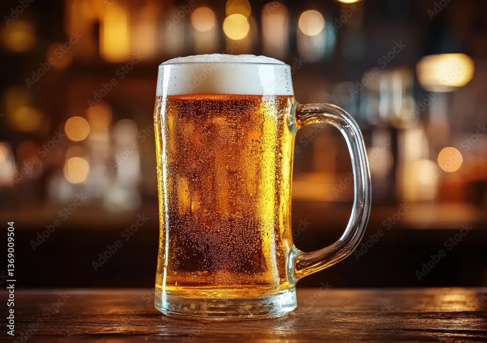 Poster refreshing mug of beer sitting on wooden bar counter with blurred background