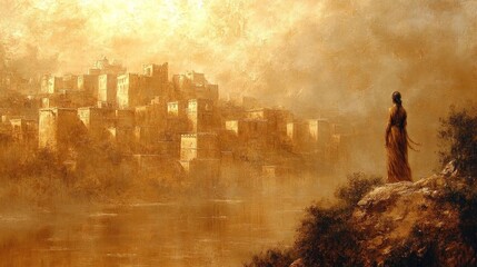Golden Cityscape Illustration: A Woman Gazes at a Distant Town