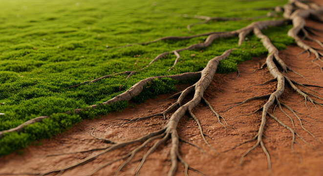 Ethereal juxtaposition: Moss and Terracotta gradient entwined with root systems