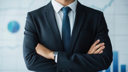 A well-dressed man in a suit stands confidently with arms crossed, showcasing professionalism against a backdrop of financial graphs.