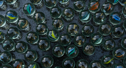 Glass marbles distorting the urban landscape reflections with abstract design
