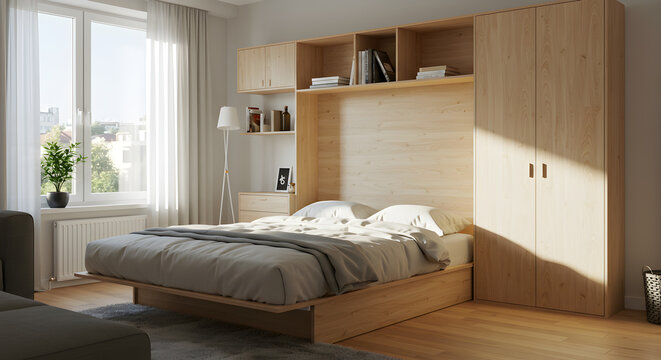 Sophisticated studio apartment interior featuring a motorized murphy bed and wooden storage