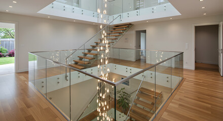 Modern interior design featuring glass railings on staircases with light fixtures