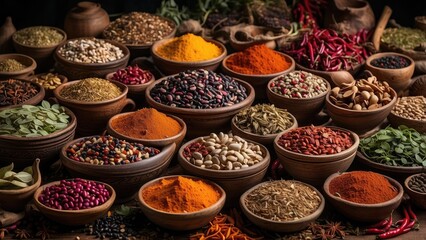 A vibrant array of spices displayed in circular containers,