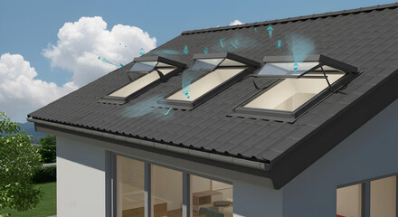 Effective passive ventilation system with motorized skylights on house roof