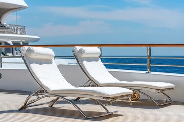 Luxurious white deck chairs on a yacht, overlooking a calm ocean.  Perfect for relaxation and luxury travel.