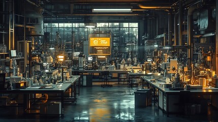 Futuristic Laboratory Interior With City View at Night