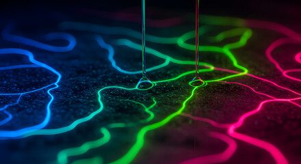 Abstract liquid neon patterns and capillary action illuminating surface details