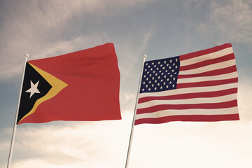 Relations between the countries of the United States of America USA and TIMOR-LESTE represented by the concept of two flags waving against a cloudy sky.3d render.