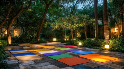 Outdoor yoga space, colorful mats on stone patio surrounded by lush trees.