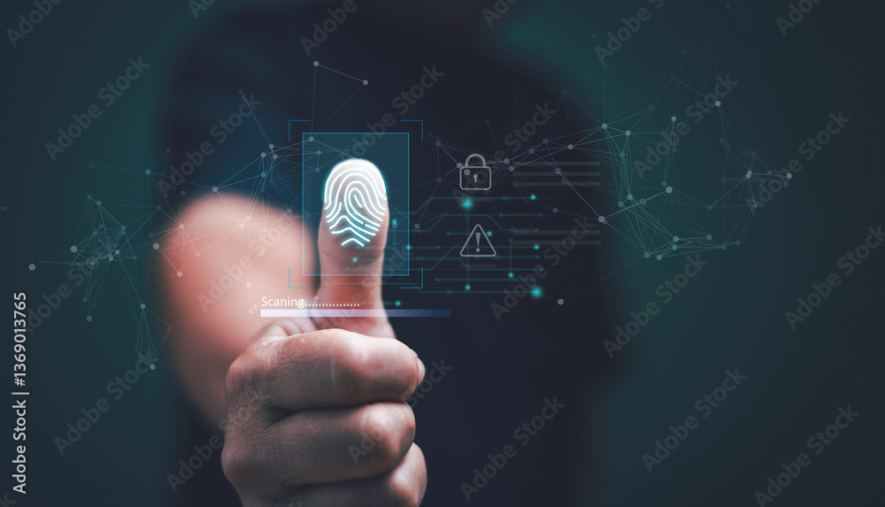 Aufkleber Biometric identity verification and access password for security system technology. Thumbs up with virtual fingerprint to scan biometric identity. Access password for security system prevent hacker.