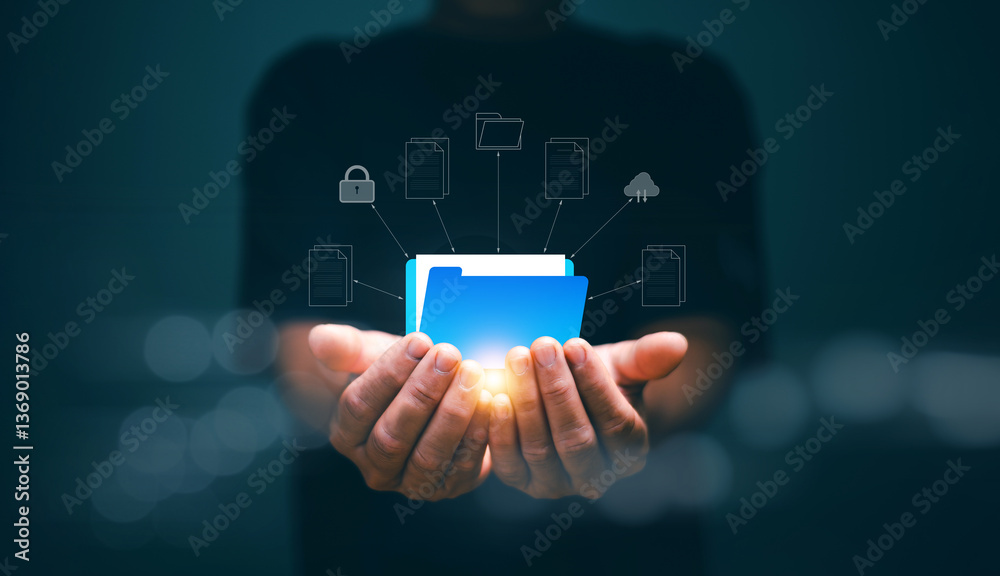 Poster Document management system (DMS) concept, Hands holding file folder on virtual screen, Online documentation database and process to efficiently manage files, Managing corporate files.