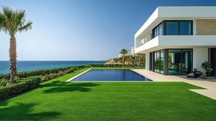 Fototapeta premium Modern Villa with Infinity Pool and Ocean View - Realistic Image