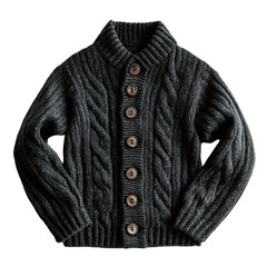 Chunky Wool Cardigan in Dark Grey with Cable Knit and Buttons Isolated on Transparent Background