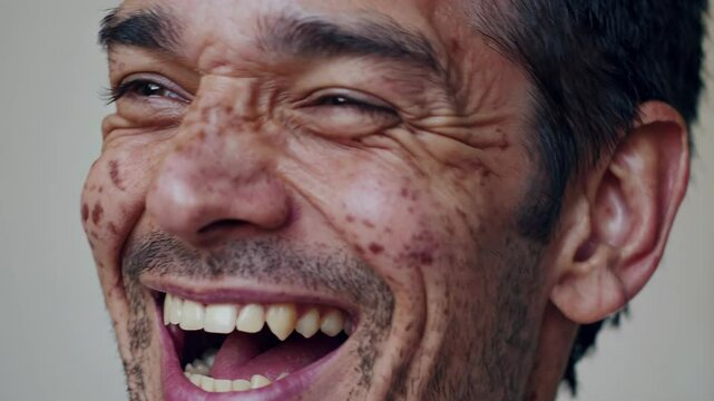 Close up portrait of cheerful adult male showing imperfect skin and teeth, radiating genuine happiness through wide, infectious grin
