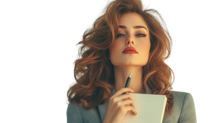 Png of Confident young woman with curly hair holds a notebook and pen, exuding elegance and professionalism on transparent background.