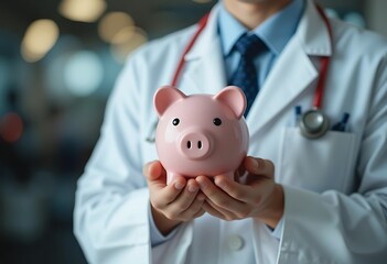 Doctor in white coat holding a pink piggy bank in his hands suggesting healthcare cost savings plan