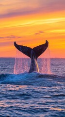 Fototapeta premium Humpback whale tail at sunset, golden light reflecting on the water's surface, magnificent nature photography, phone wallpaper