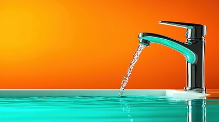 Modern Faucet with Turquoise Water Flowing Against Orange Background