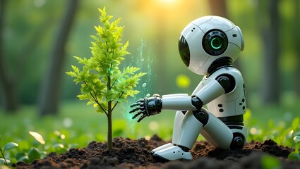 "Nature's Revival" - This image presents a captivating scene of artificial intelligence and nature working in harmony, featuring a robot gently tending to a young sapling in a lush green forest. 