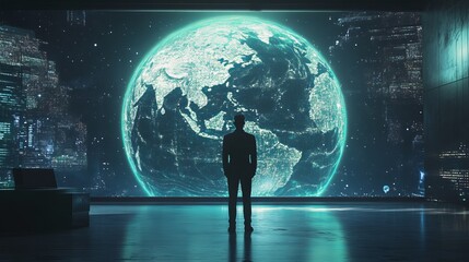 Global business strategy concept, businessman looking at earth hologram, future technology, innovation, ai, big data