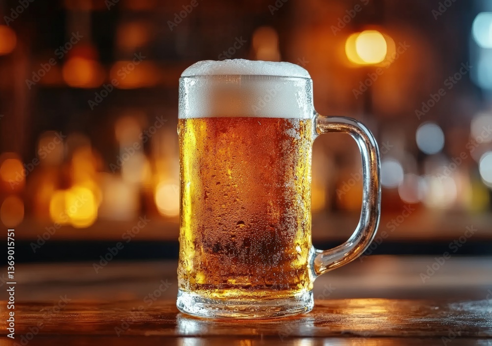 Poster refreshing mug of cold beer standing on bar counter with blurred background