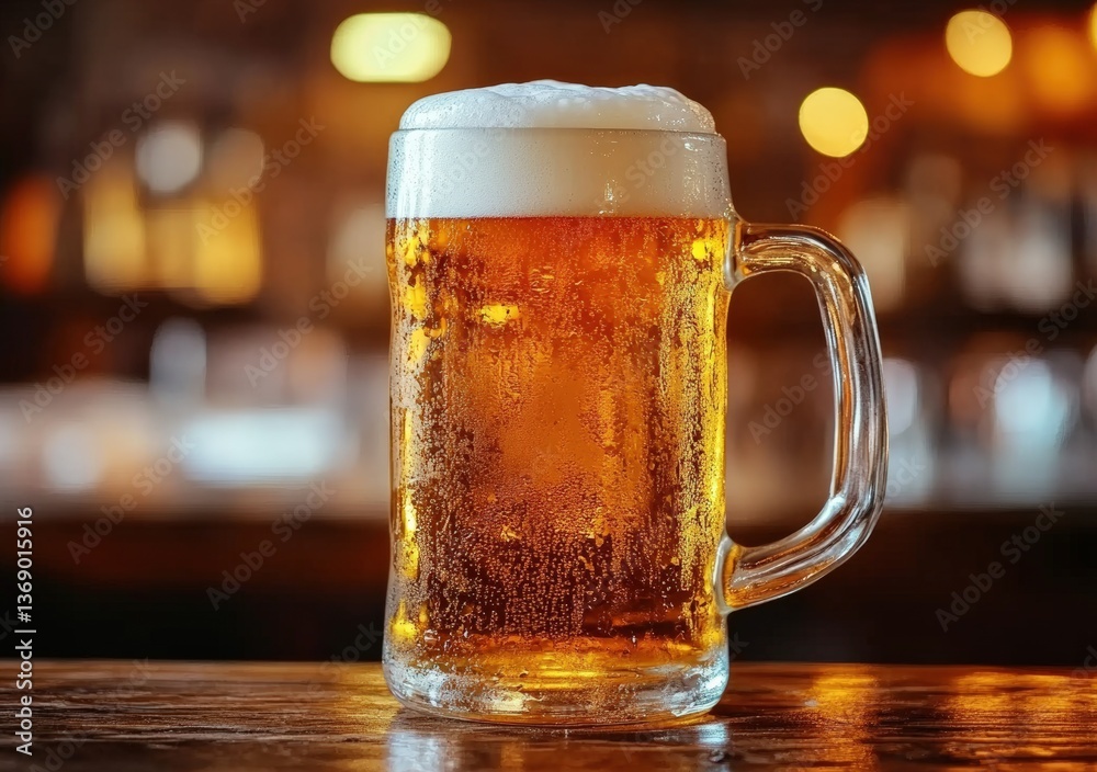 Poster Refreshing mug of cold beer sitting on bar counter with bokeh background