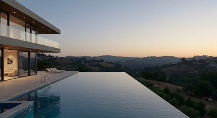 Fototapeta premium Contemporary luxury home with infinity pool overlooking scenic suburban valley