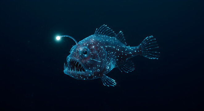 Bioluminescent Predator: Deep Sea Anglerfish with Luminous Lure in the Abyss