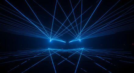 Abstract neon blue laser beams converging in a dark space for futuristic concept